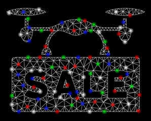 Bright mesh airdrone sale with glare effect. White wire frame polygonal mesh in vector format on a black background. Abstract 2d mesh designed with triangular lines, points, colorful light spots.