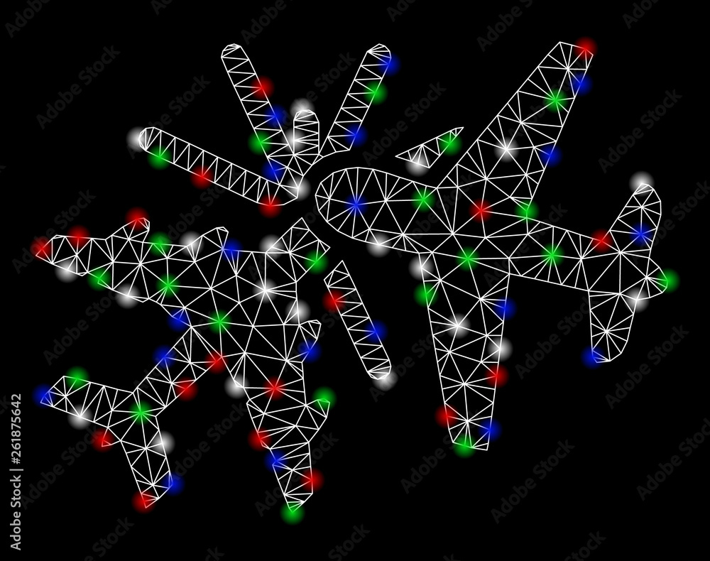 Poster bright mesh airplane collision with glow effect. white wire carcass polygonal mesh in vector format 