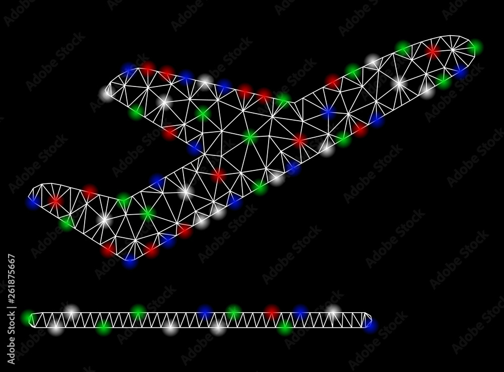Poster bright mesh airplane departure with glare effect. white wire carcass polygonal mesh in vector format