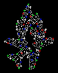 Bright mesh airplane burn with glare effect. White wire carcass polygonal mesh in vector format on a black background. Abstract 2d mesh created from polygonal grid, round dots, colored glare spots.