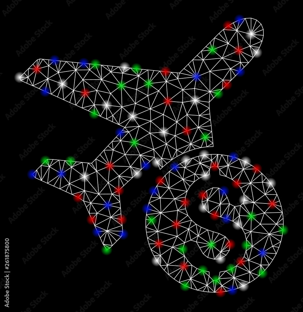 Poster bright mesh airplane price with glare effect. white wire carcass polygonal mesh in vector format on 