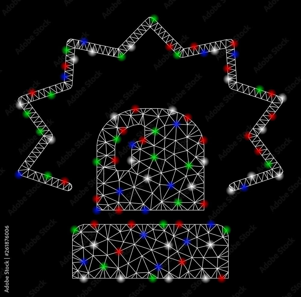 Poster bright mesh alarm with glare effect. white wire frame polygonal mesh in vector format on a black bac