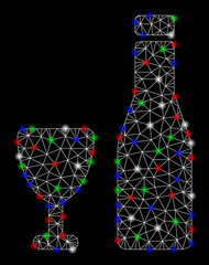 Bright mesh alcohol with lightspot effect. White wire carcass triangular mesh in vector format on a black background. Abstract 2d mesh designed with triangles, small circle, colorful light spots.