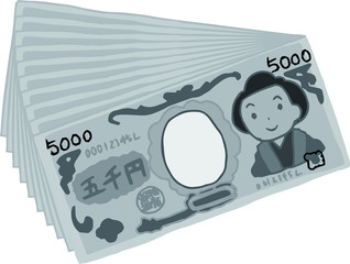 Monochrome Bunch of Cute hand-painted Japanese 5000 yen note