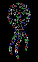Bright mesh alien microbe with lightspot effect. White wire frame polygonal network in vector format on a black background. Abstract 2d mesh designed with polygonal grid, points, colored flash spots.