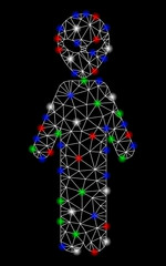 Bright mesh alien person with glare effect. White wire carcass polygonal mesh in vector format on a black background. Abstract 2d mesh designed with polygonal grid, points, colored glare spots.