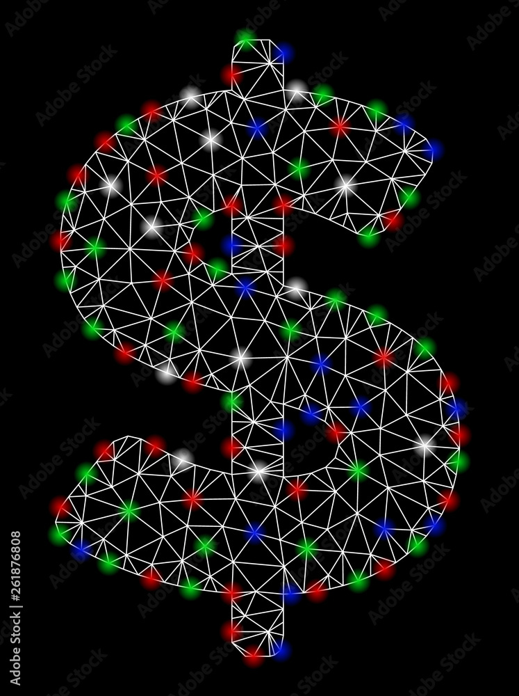 Poster bright mesh american dollar with glare effect. white wire carcass triangular mesh in vector format o