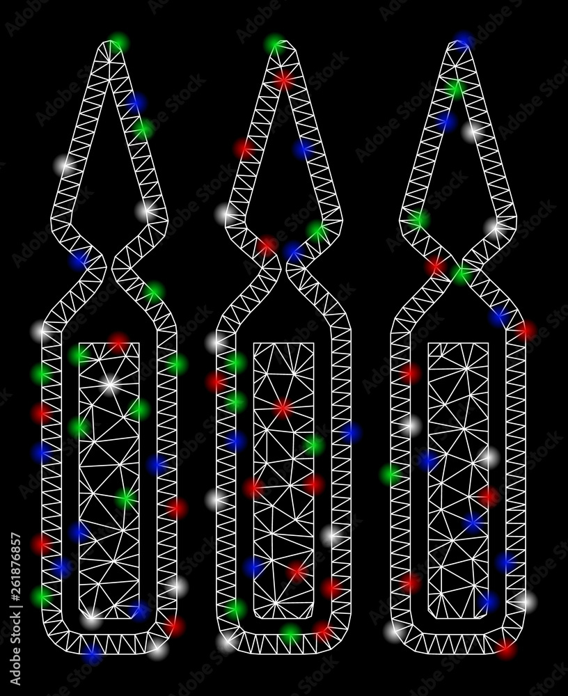 Poster bright mesh ampoules with glare effect. white wire frame polygonal mesh in vector format on a black 