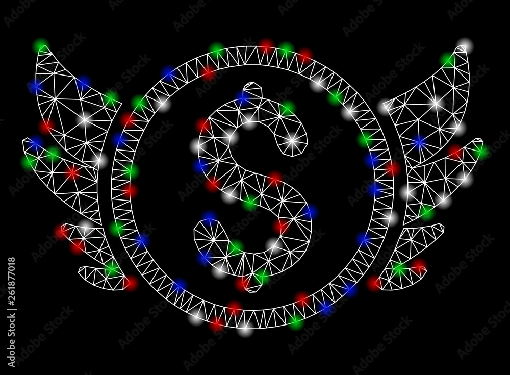 Poster bright mesh angel investment with glow effect. white wire carcass polygonal network in vector format