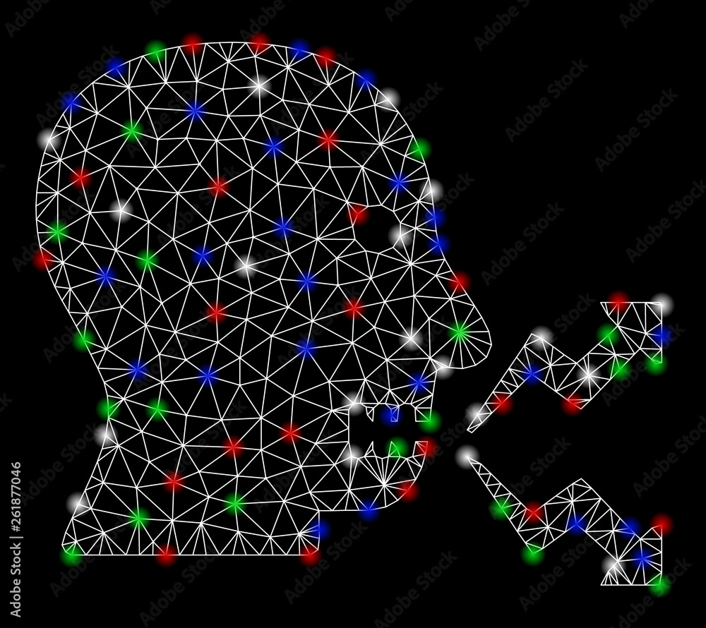 Poster bright mesh angry person shout with glare effect. white wire carcass polygonal mesh in vector format