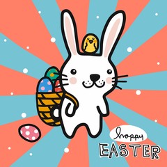 Hello Easter white rabbit carry Easter egg basket and baby chick friend cartoon vector illustration doodle style