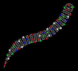 Bright mesh annelid worm with glare effect. White wire carcass polygonal mesh in vector format on a black background. Abstract 2d mesh built from polygonal grid, spheric points, colored flare spots.