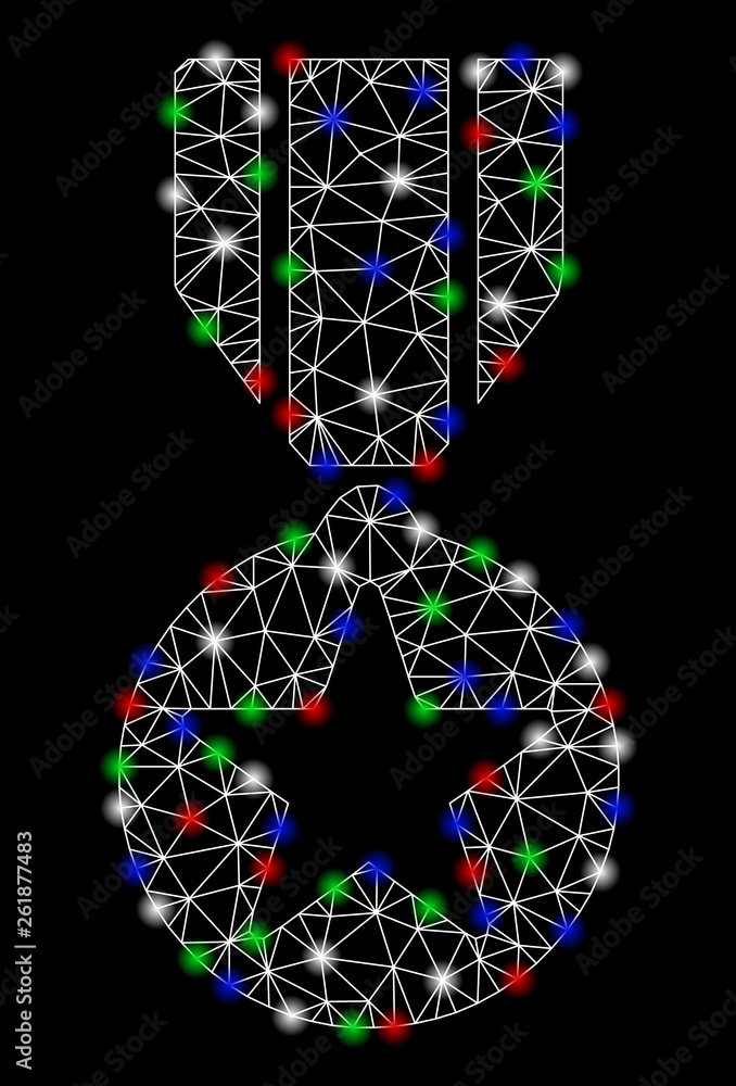 Poster bright mesh army star award with glow effect. white wire carcass polygonal mesh in vector format on 