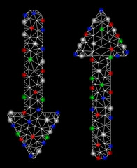 Bright mesh arrows exchange vertical with glare effect. White wire carcass polygonal mesh in vector format on a black background. Abstract 2d mesh created from polygonal grid, points,