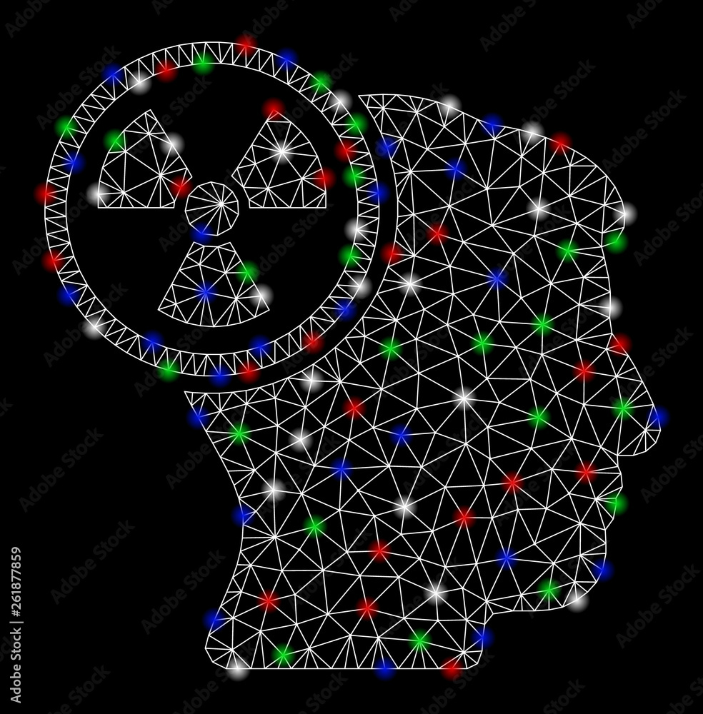 Poster bright mesh atomic thinking head with glow effect. white wire carcass polygonal mesh in vector forma