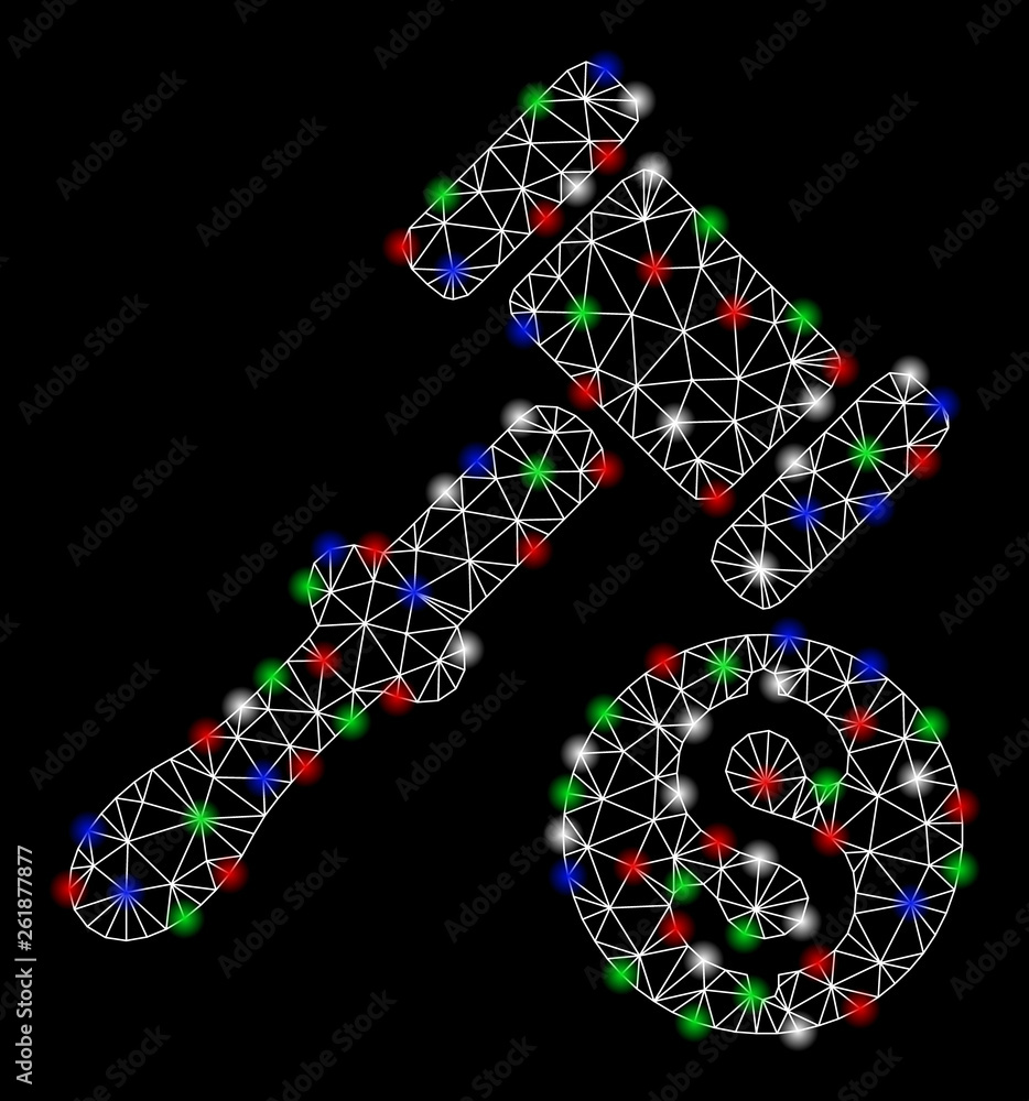 Poster bright mesh auction with glare effect. white wire frame polygonal mesh in vector format on a black b