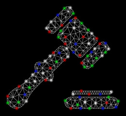Bright mesh auction with lightspot effect. White wire carcass triangular mesh in vector format on a black background. Abstract 2d mesh designed with triangular lines, small circle,