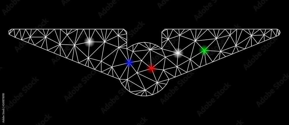Poster bright mesh aviation with glare effect. white wire carcass triangular mesh in vector format on a bla
