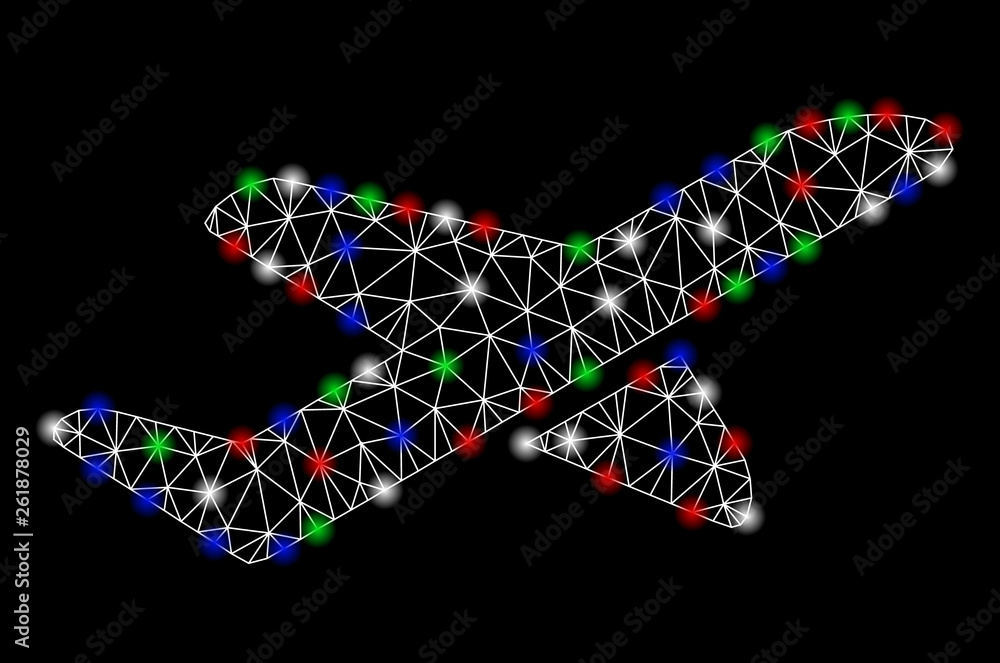 Poster bright mesh aviation with glow effect. white wire frame polygonal mesh in vector format on a black b