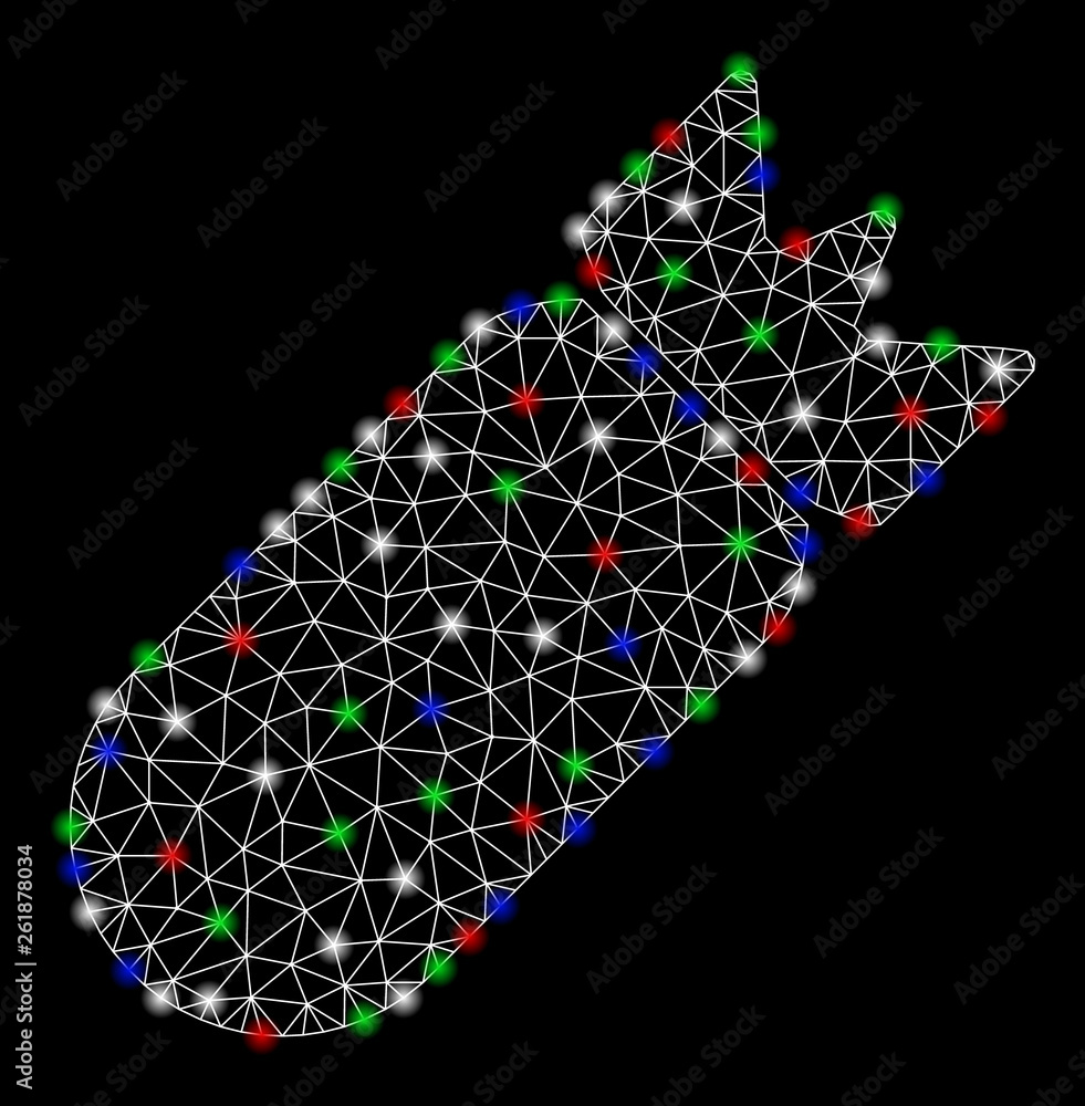 Poster bright mesh aviation bomb with lightspot effect. white wire carcass polygonal mesh in vector format 