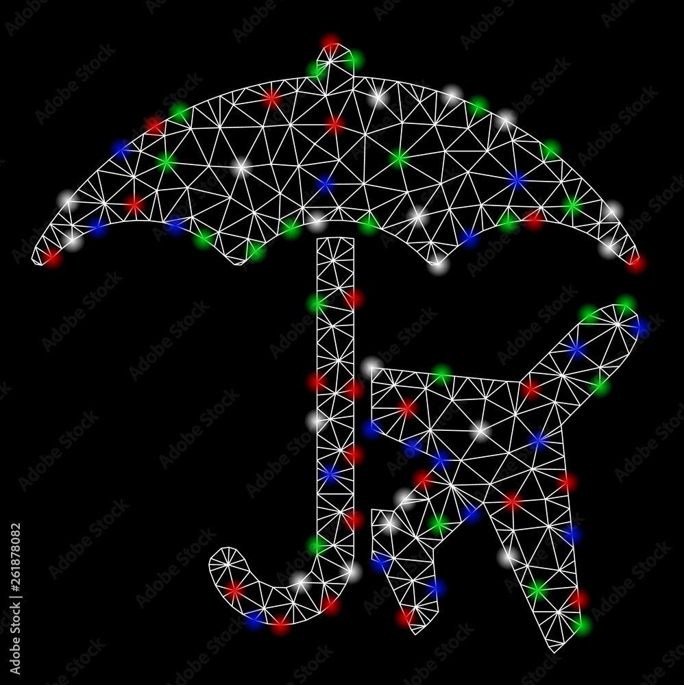 Poster bright mesh aviation umbrella with glow effect. white wire frame polygonal mesh in vector format on 