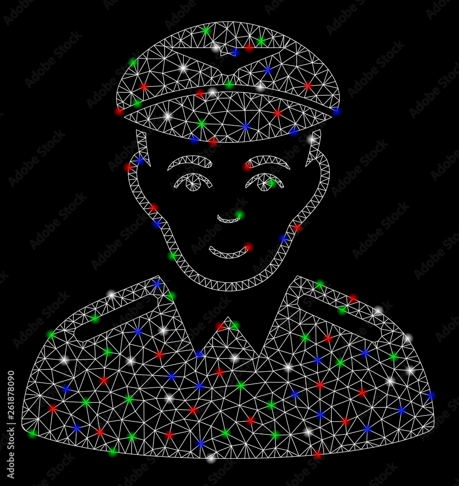 Poster bright mesh aviator with lightspot effect. white wire carcass polygonal mesh in vector format on a b