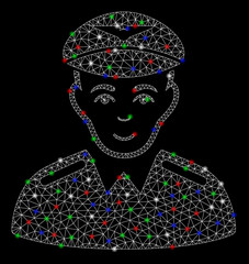 Naklejka premium Bright mesh aviator with lightspot effect. White wire carcass polygonal mesh in vector format on a black background. Abstract 2d mesh designed with polygonal grid, dots, colored light spots.