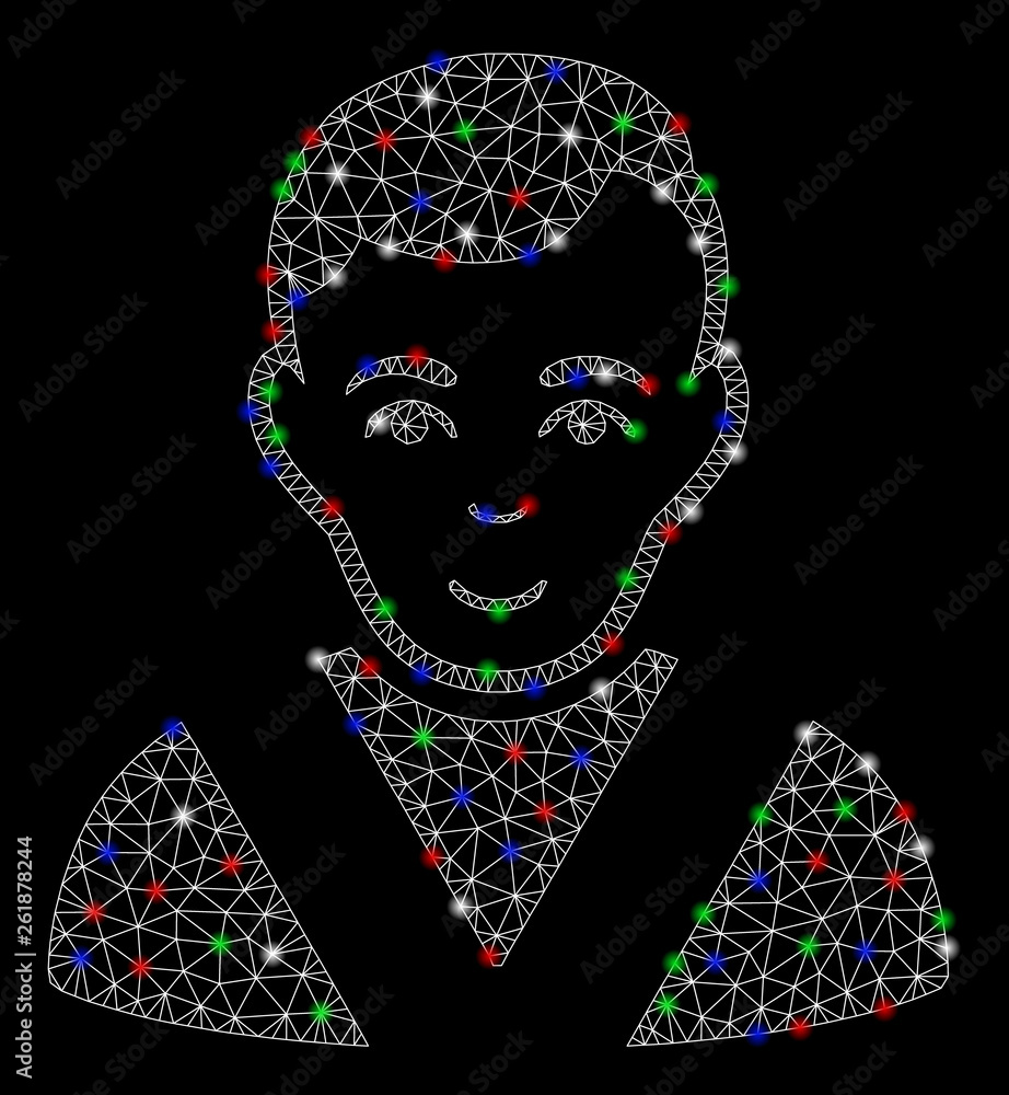 Poster bright mesh awarded man with lightspot effect. white wire carcass polygonal mesh in vector format on