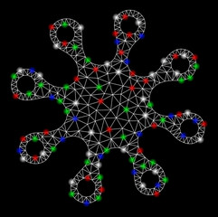 Bright mesh axenic with glow effect. White wire carcass polygonal mesh in vector format on a black background. Abstract 2d mesh designed with polygonal grid, dots, colored flash spots.