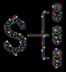 Bright mesh baby budget with glare effect. White wire frame polygonal mesh in vector format on a black background. Abstract 2d mesh designed with polygonal grid, points, colorful flare spots.