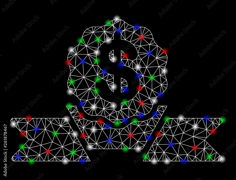 Poster bright mesh dollar award ribbon with lightspot effect. white wire frame polygonal mesh in vector for