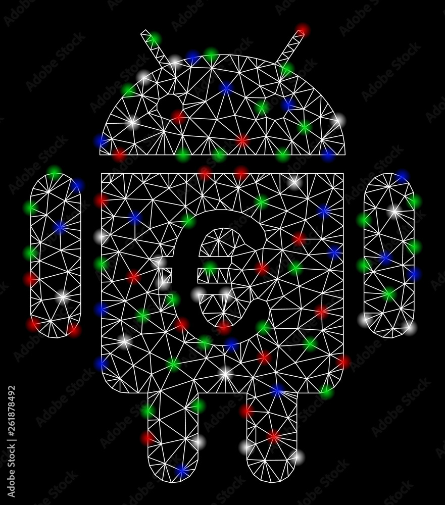 Poster bright mesh euro android with glow effect. white wire carcass polygonal mesh in vector format on a b