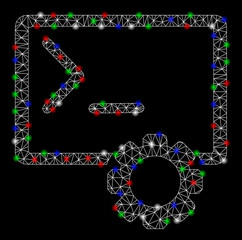 Bright mesh console administration with glare effect. White wire carcass polygonal network in vector format on a black background. Abstract 2d mesh designed with polygonal grid, points,