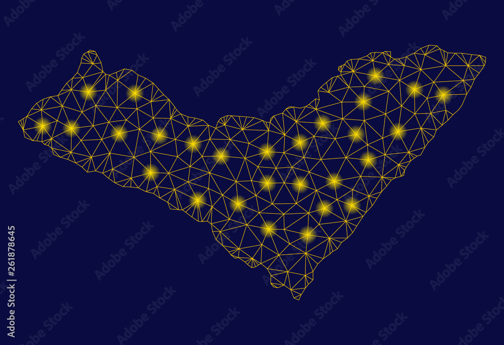 Poster bright yellow mesh alagoas state map with lightspot effect. wire carcass triangular network in vecto