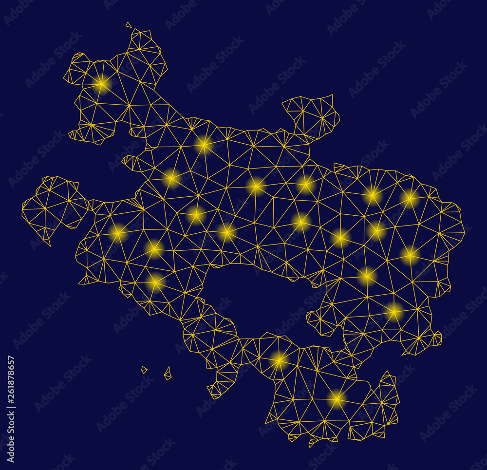 Poster bright yellow mesh alava province map with lightspot effect. wire carcass triangular mesh in vector 