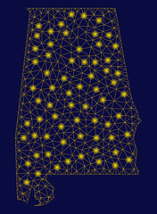 Bright yellow mesh Alabama State map with glare effect. Wire frame triangular mesh in vector EPS10 format on a dark black background. Abstract 2d mesh designed with polygonal grid, spheric points,