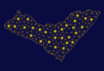 Bright yellow mesh Alagoas State map with lightspot effect. Wire carcass triangular network in vector EPS10 format on a dark black background. Abstract 2d mesh designed with triangular lines,