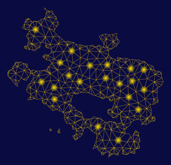 Bright yellow mesh Alava Province map with lightspot effect. Wire carcass triangular mesh in vector EPS10 format on a dark black background. Abstract 2d mesh designed with triangles, small circle,