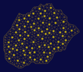 Bright yellow mesh Alegranza Island map with glow effect. Wire frame polygonal mesh in vector EPS10 format on a dark black background. Abstract 2d mesh designed with polygonal grid, dots,