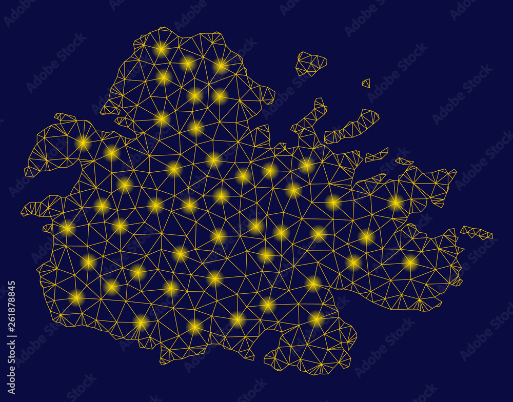 Poster bright yellow mesh antigua island map with glare effect. wire frame polygonal mesh in vector eps10 f