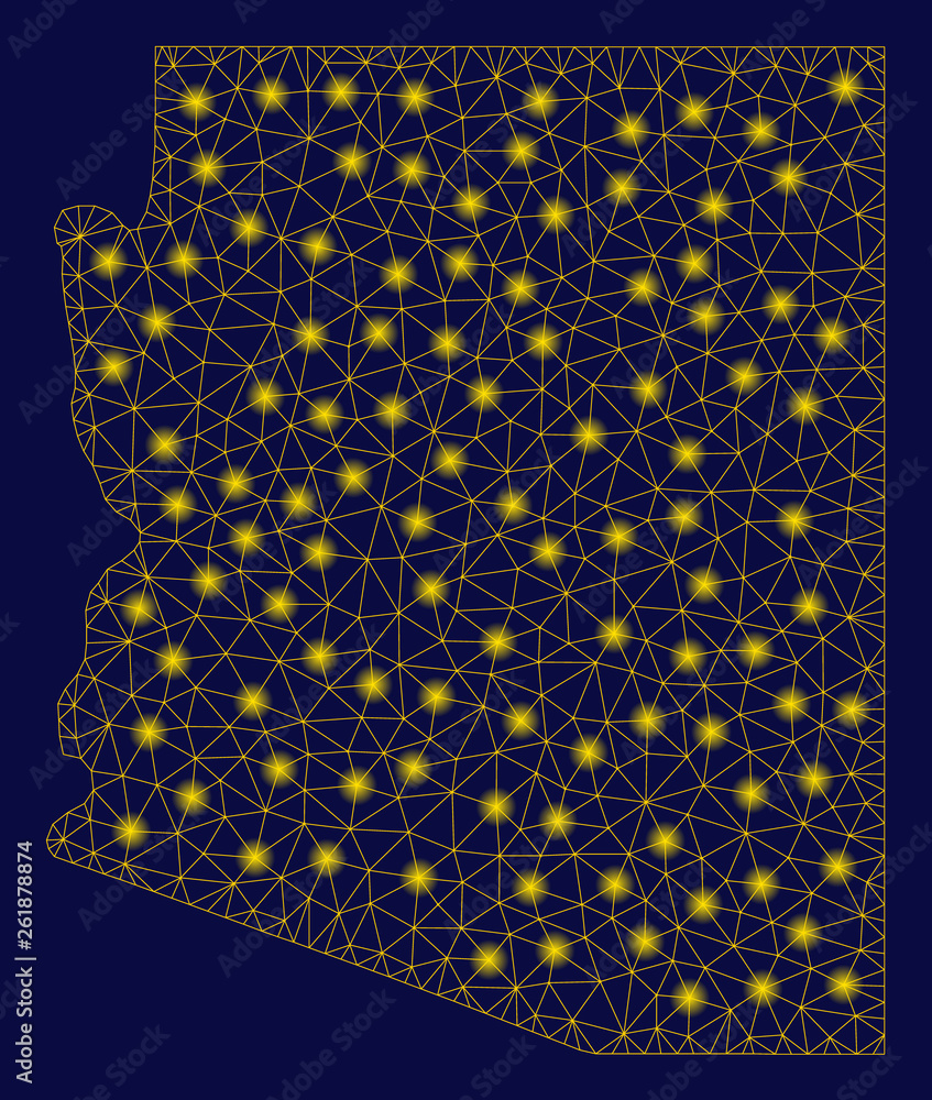 Poster bright yellow mesh arizona state map with lightspot effect. wire frame polygonal mesh in vector eps1