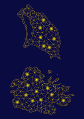 Bright yellow mesh Antigua and Barbuda map with glare effect. Wire carcass polygonal network in vector EPS10 format on a dark black background. Abstract 2d mesh designed with polygonal grid, dots,