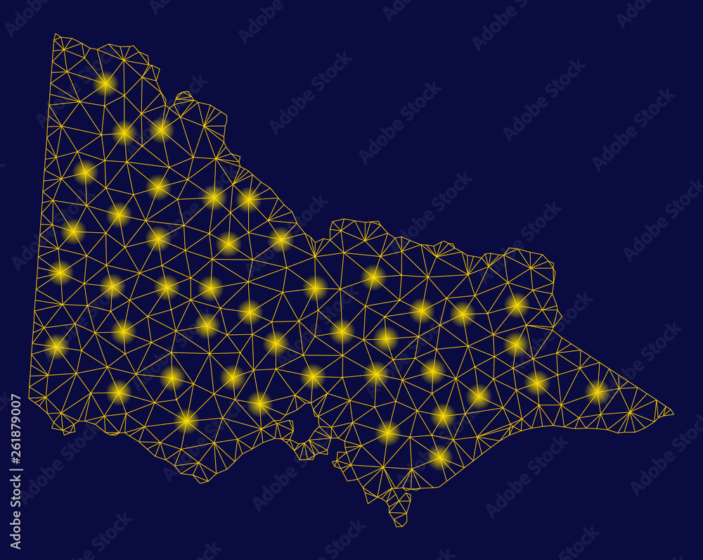 Poster bright yellow mesh australian victoria map with glow effect. wire frame polygonal mesh in vector eps
