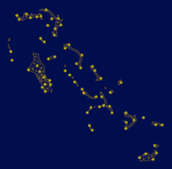 Bright yellow mesh Bahamas Islands map with lightspot effect. Wire frame triangular mesh in vector EPS10 format on a dark black background. Abstract 2d mesh designed with triangular lines, round dots,