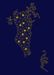 Bright yellow mesh Bahrain map with lightspot effect. Wire carcass triangular mesh in vector EPS10 format on a dark black background. Abstract 2d mesh designed with triangular lines, round dots,