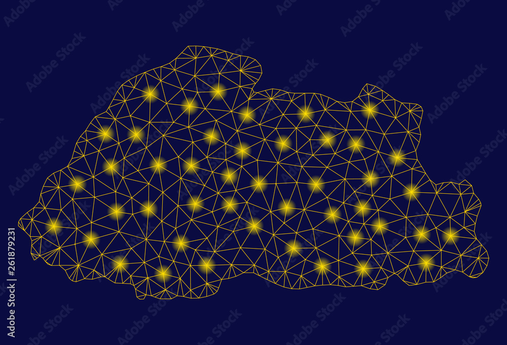 Poster bright yellow mesh bhutan map with lightspot effect. wire frame polygonal mesh in vector eps10 forma