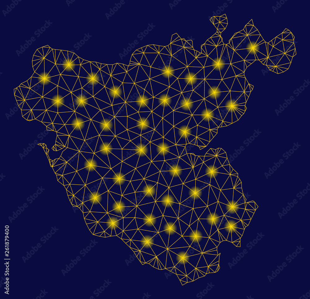 Poster bright yellow mesh cadiz province map with lightspot effect. wire carcass polygonal mesh in vector e