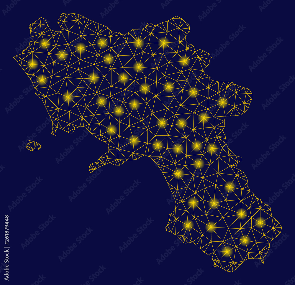 Poster bright yellow mesh campania region map with lightspot effect. wire carcass polygonal mesh in vector 