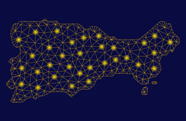 Bright yellow mesh Capri Island map with lightspot effect. Wire frame polygonal mesh in vector EPS10 format on a dark black background. Abstract 2d mesh designed with polygonal grid, small circle,