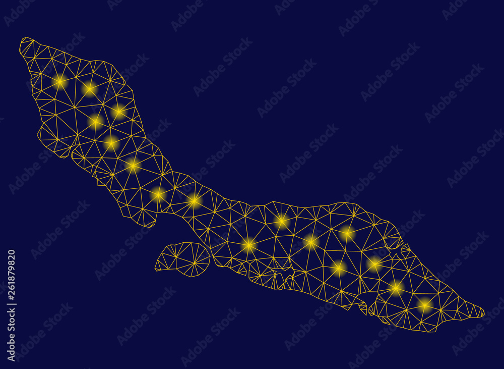 Poster bright yellow mesh curacao island map with glow effect. wire carcass polygonal mesh in vector eps10 